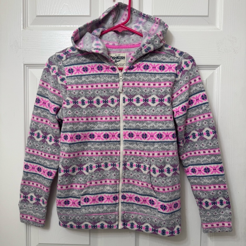 OshKosh B'gosh Girls Size 12 Pink and Gray Pattern Zip up Hoodie Fleece Sweater